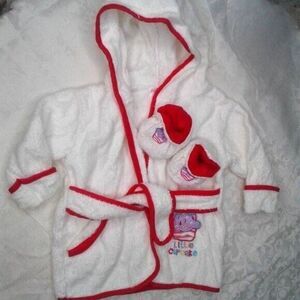 babyKiss Baby Girl Cotton Bathrobe & Booties Set Sz 0-9M White Pink Lil Cupcake